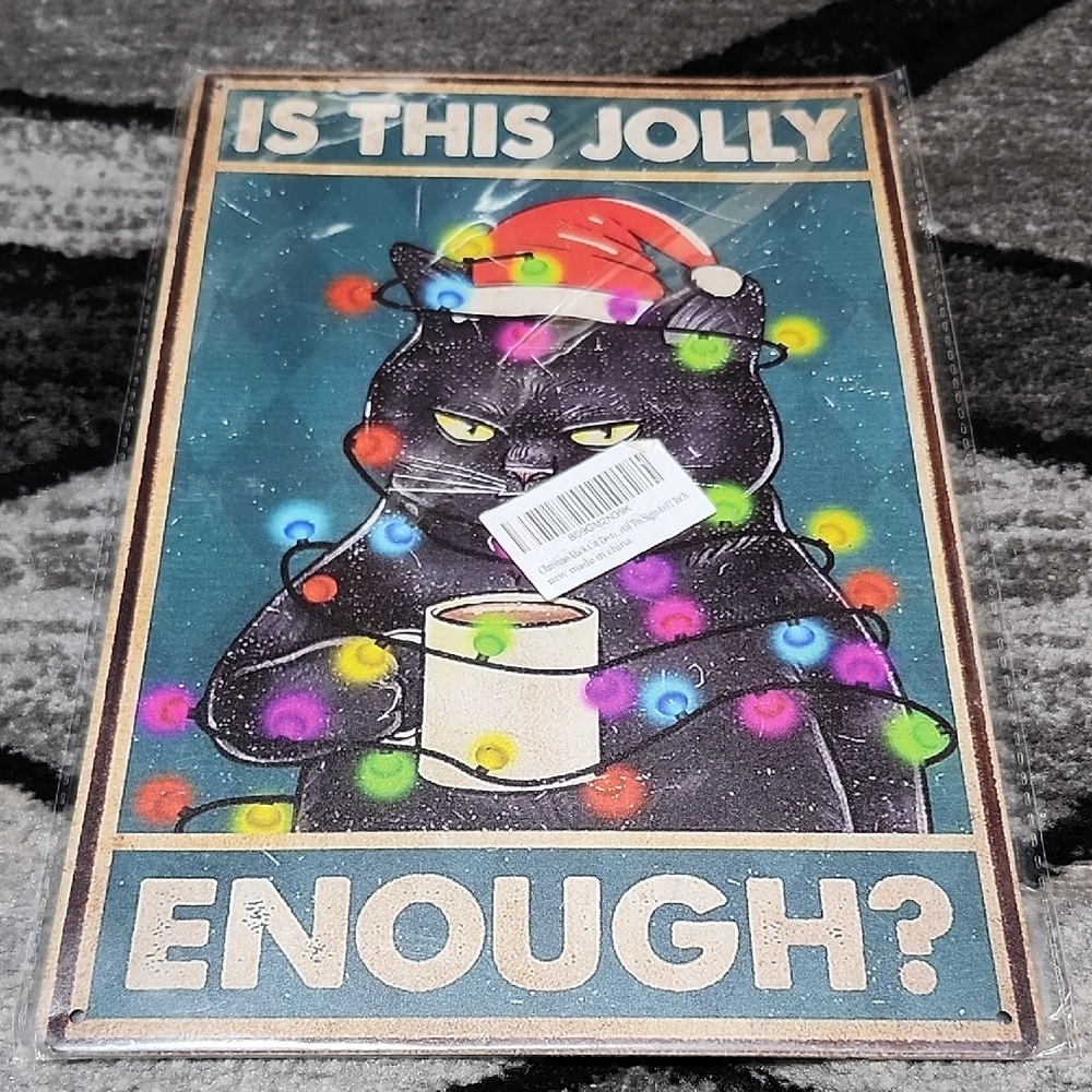 GRUMPY BLACK CAT "IS THIS JOLLY ENOUGH?" TANGLED CHRISTMAS LIGHTS WALL SIGN TIN
